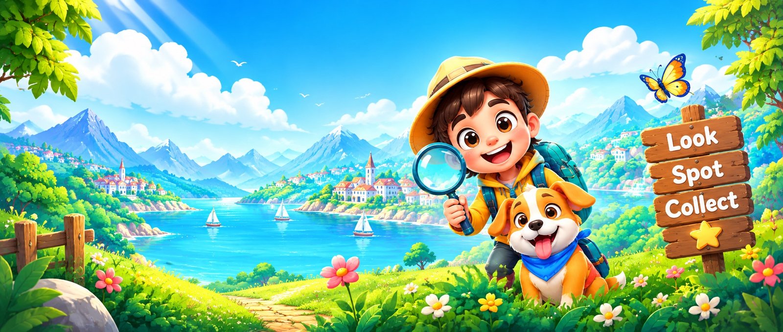 Diffora explorer with a magnifying glass and his dog in a colorful valley, next to a Look, Spot, Collect sign