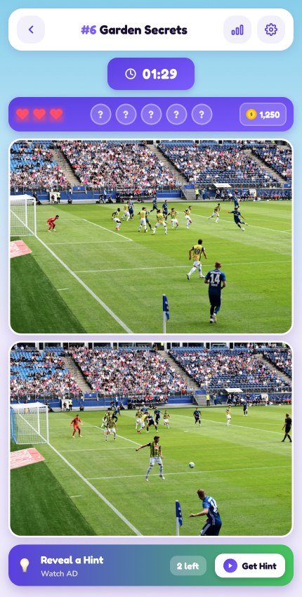 Diffora gameplay screen: two stadium photos to compare, with timer, hearts and hints