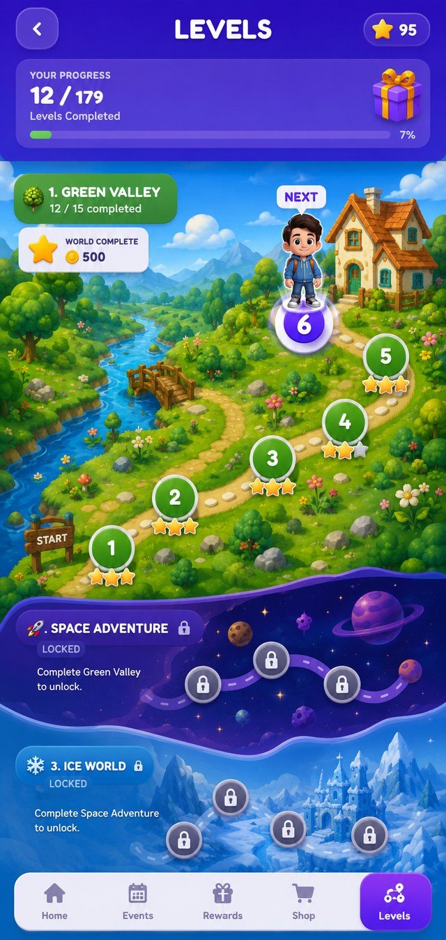 Diffora levels map: Green Valley path with level 6 next, Space Adventure and Ice World locked